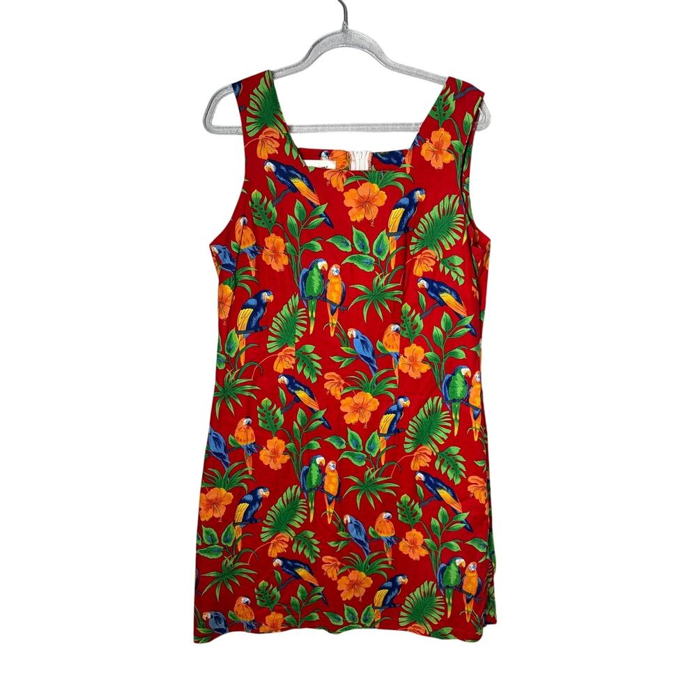 VTG Shannon Marie Hawaiian Red Mini Dress Tropical Parrots Vibrant Artsy Sz M/10